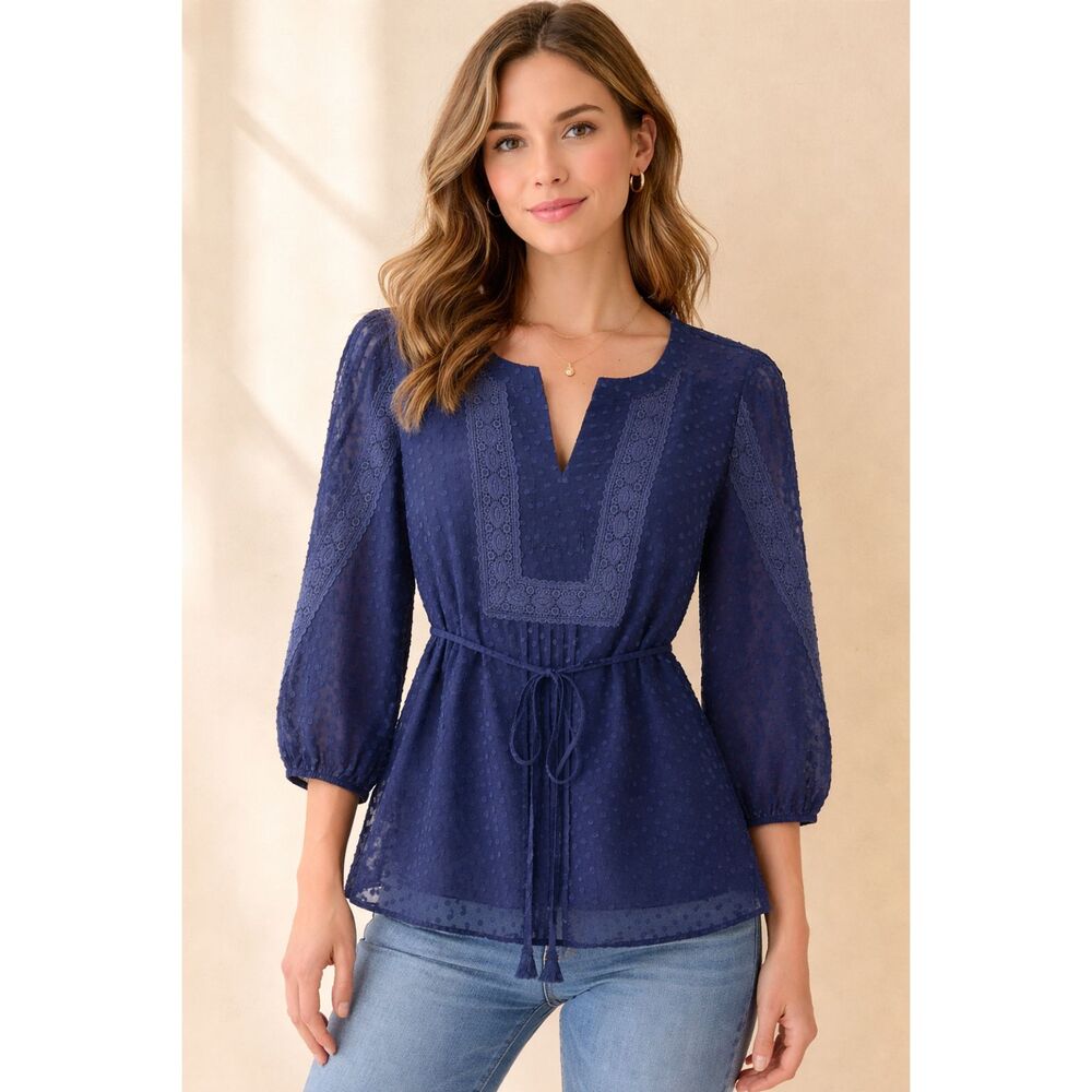 ELLE Blue Sheer Swiss Dot Boho Tunic Top Lace Trim Tie Waist Women’s Small